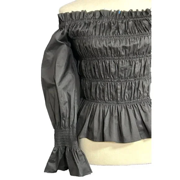House of Harlow 1960 Black Smocked Off Shoulder Peplum Puff Sleeves Blouse Top L - Picture 4 of 9